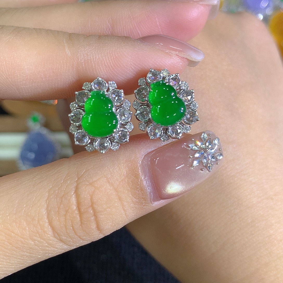 琴***凉翡翠18K金镶嵌耳饰耳包