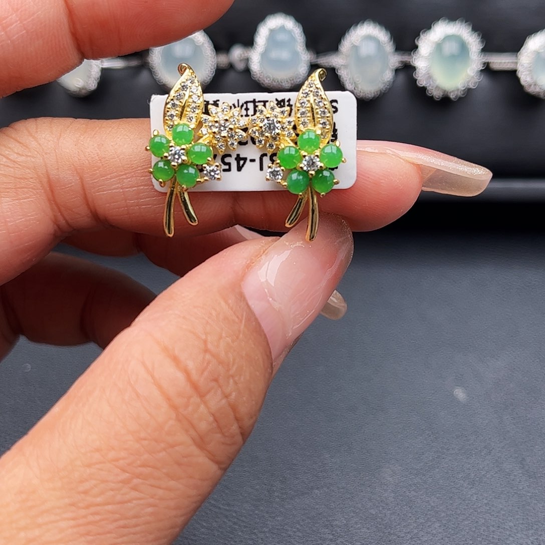 翡翠戒指银S925镶嵌天然缅甸a货翡翠耳钉