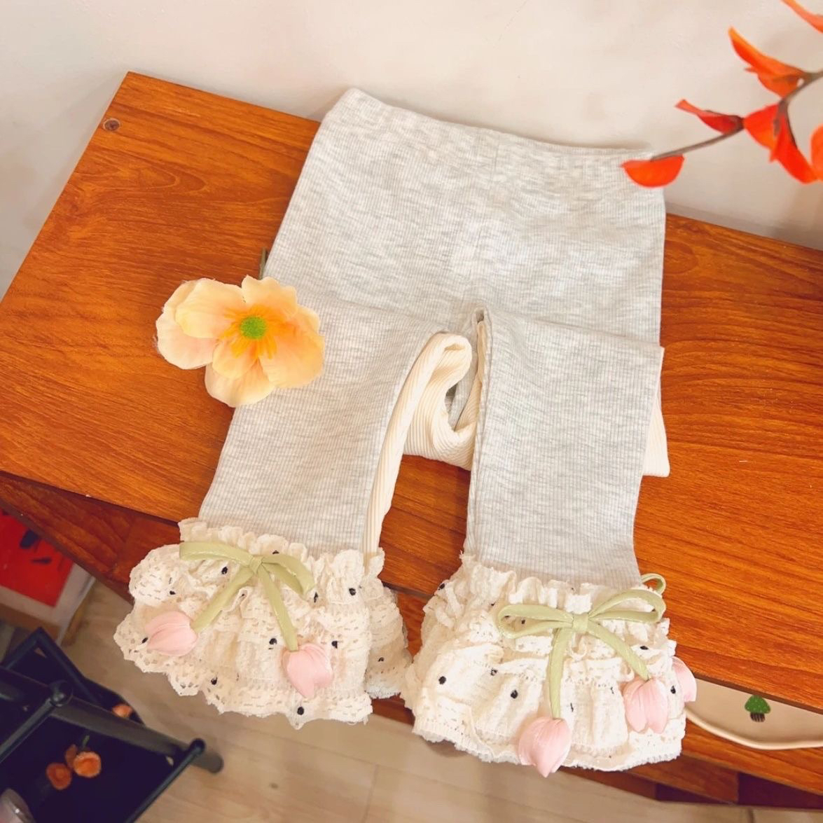 2025春秋新款女童郁金香花朵打底裤洋气女宝百搭外穿长裤子弹力潮