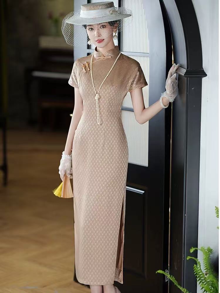 旗袍 长款 双层（衣长约125cm）伊人 C468   （香槟色）