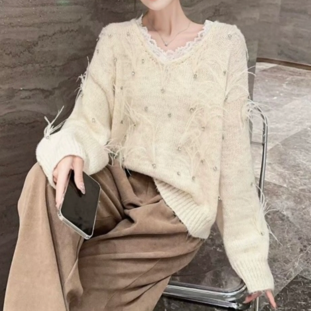 【三顺服饰】｛重工钻钻羽毛｝毛衣V领针织衫女秋冬慵懒风宽松上衣