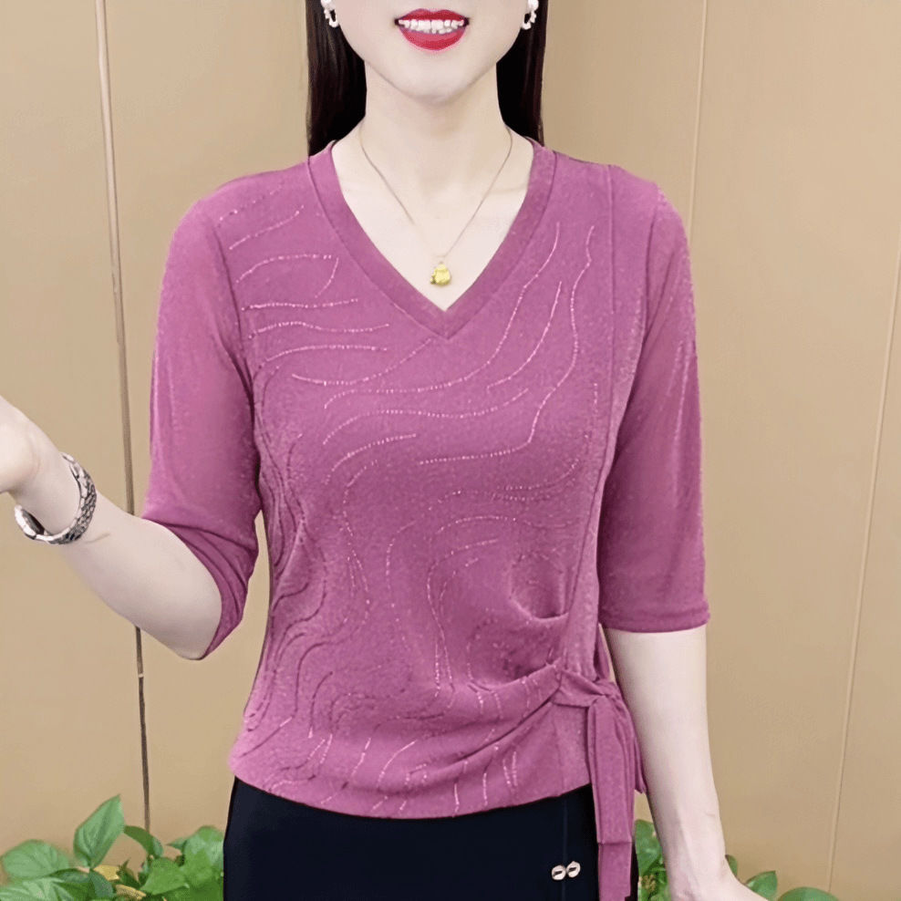 夏秋新款时尚V领绑带烫钻中袖洋气女减龄轻奢风修身T恤打底衫