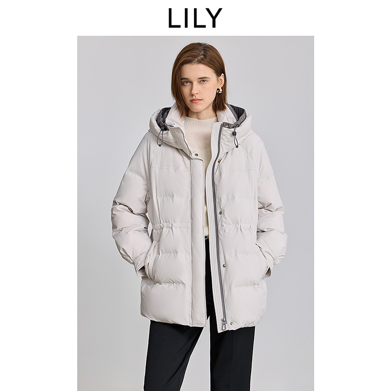 LILY2025冬新款撞色连帽90鸭绒收腰羽绒服外套短款女125409DD967