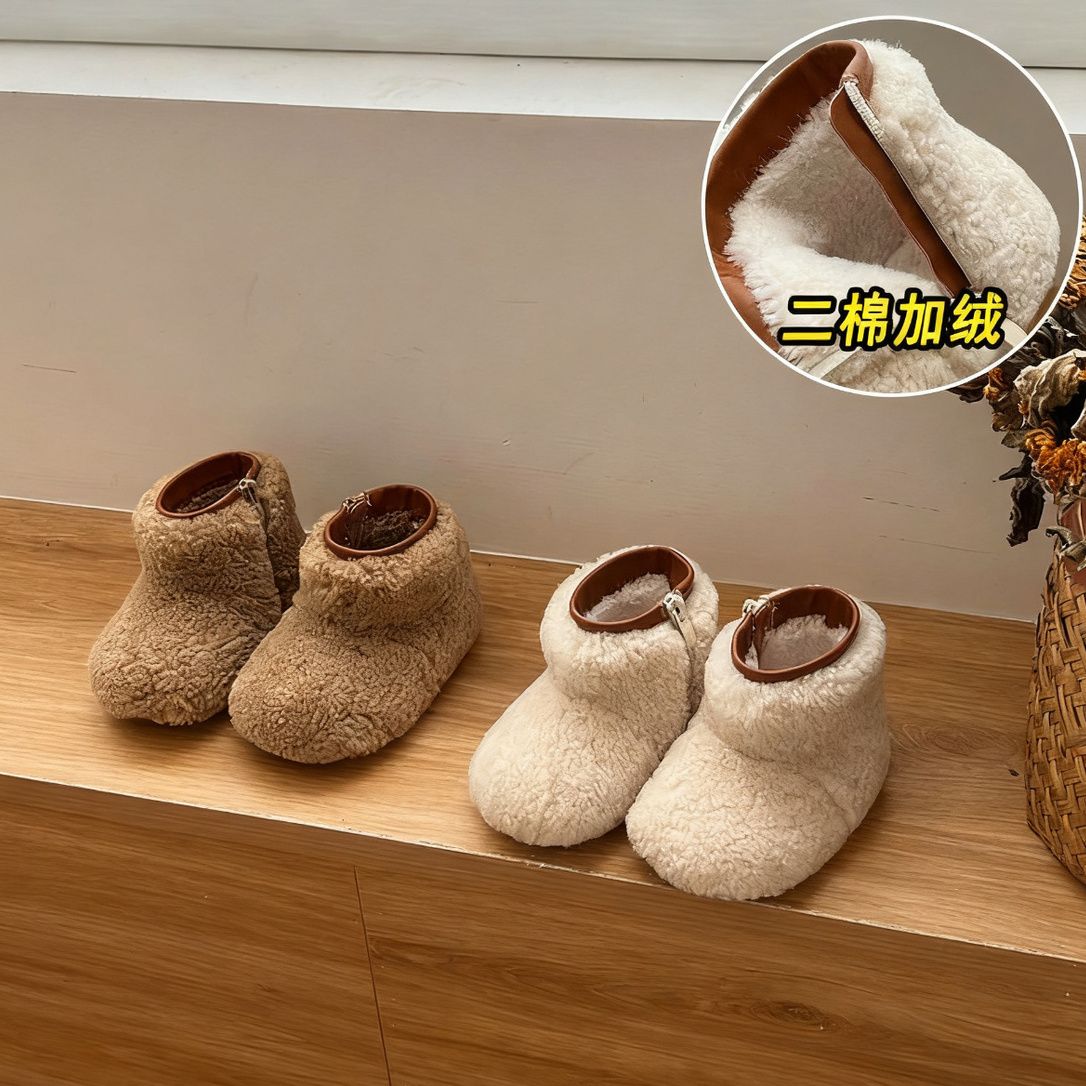 韩版女宝宝毛毛雪地靴软底舒适侧拉链冬季新款1一3岁男童加绒短靴
