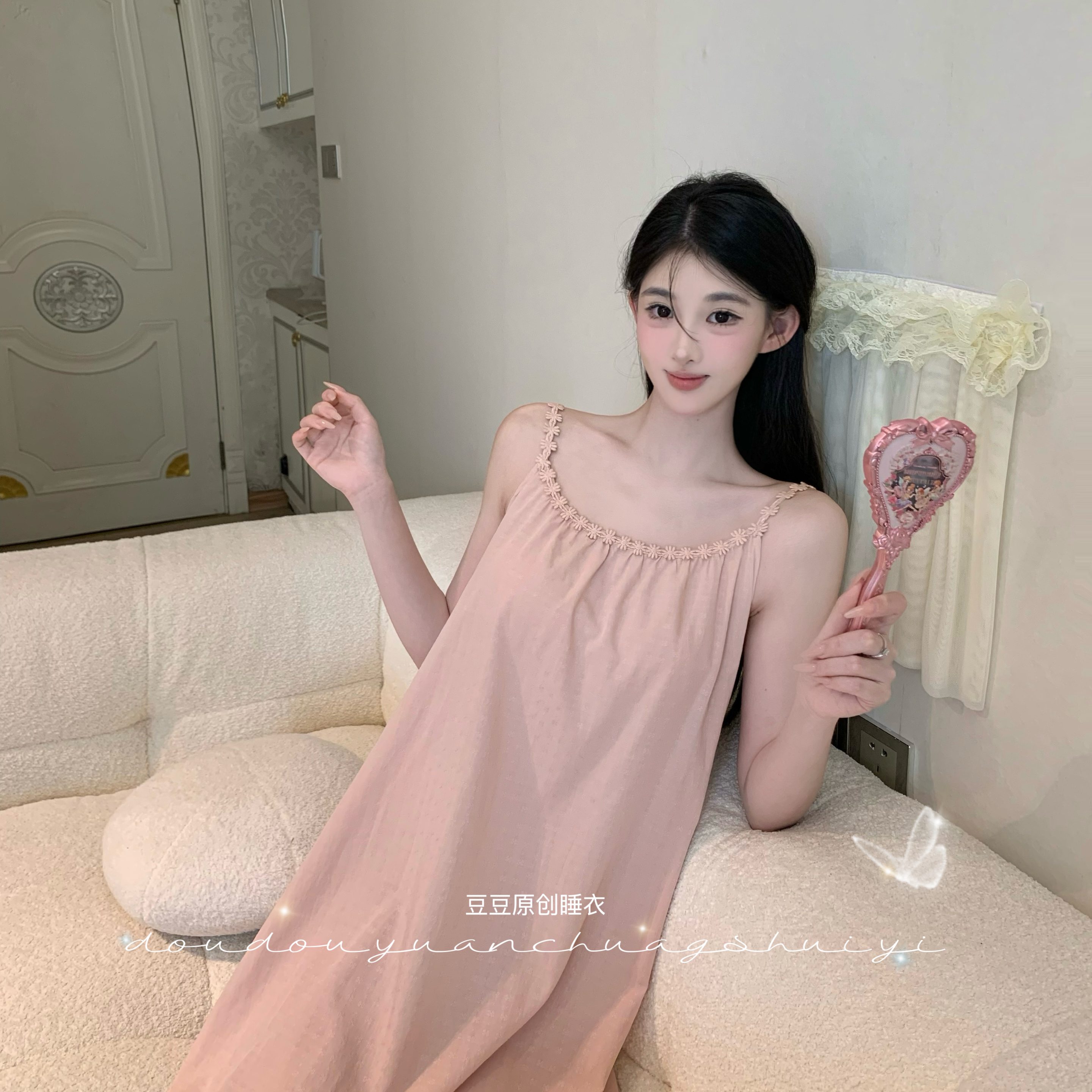 2豆【氧气少女】无袖纯欲睡裙高腰显瘦夏季女蕾丝法式睡衣