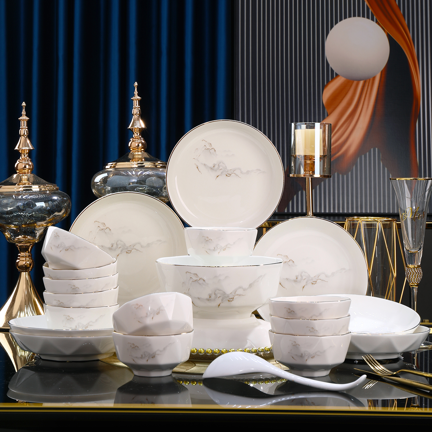 【不带礼盒】电光金山水18头高端新骨瓷碗碟釉下彩乔迁送礼餐具w