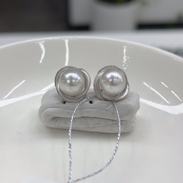 银S925镶嵌耳饰海水珍珠澳白8-9m 43号