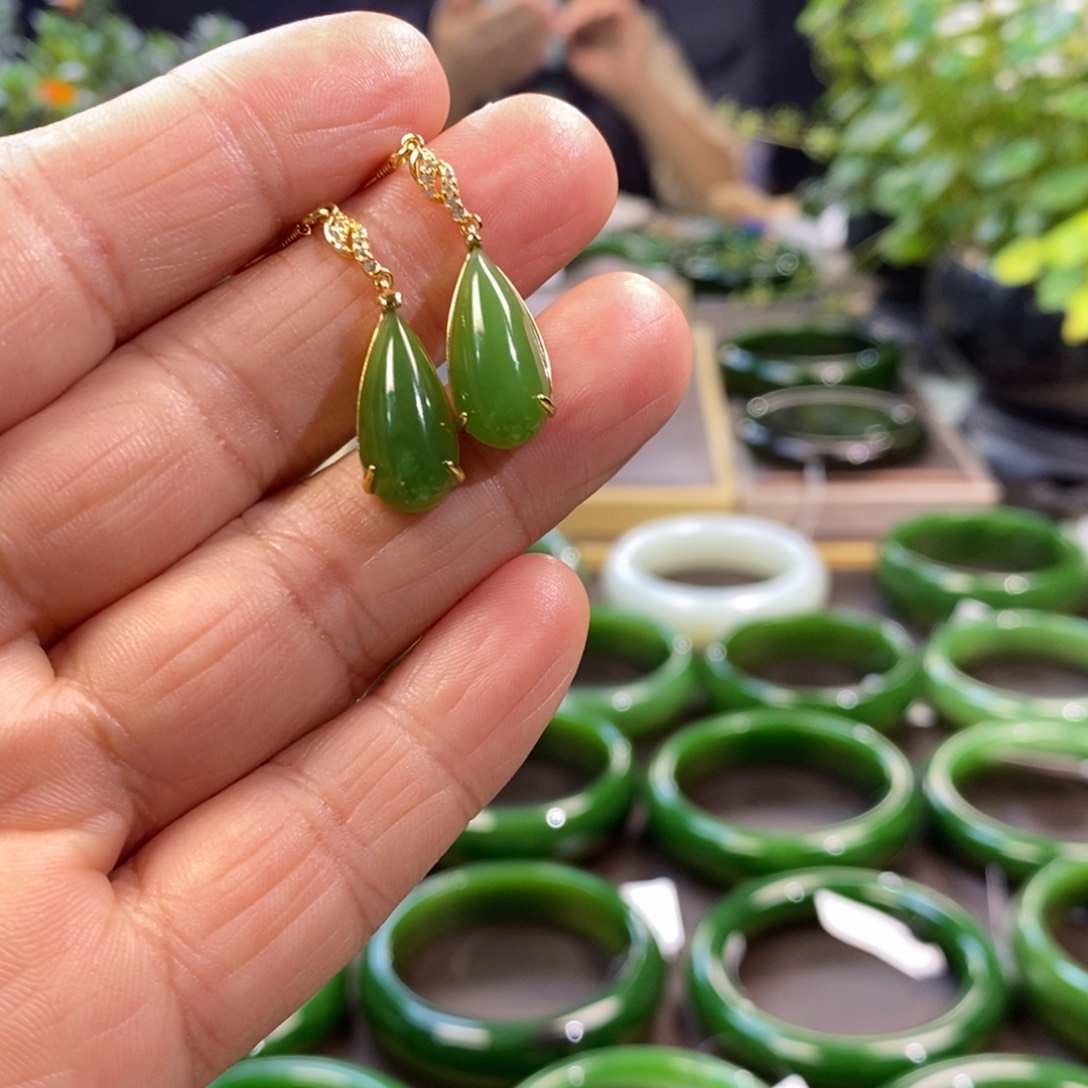 和田玉耳饰银S925镶嵌