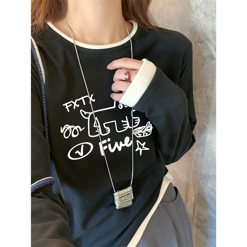 胖mm磨毛正肩假两件长袖t恤女装春秋季新款印花打底衫大码上衣服