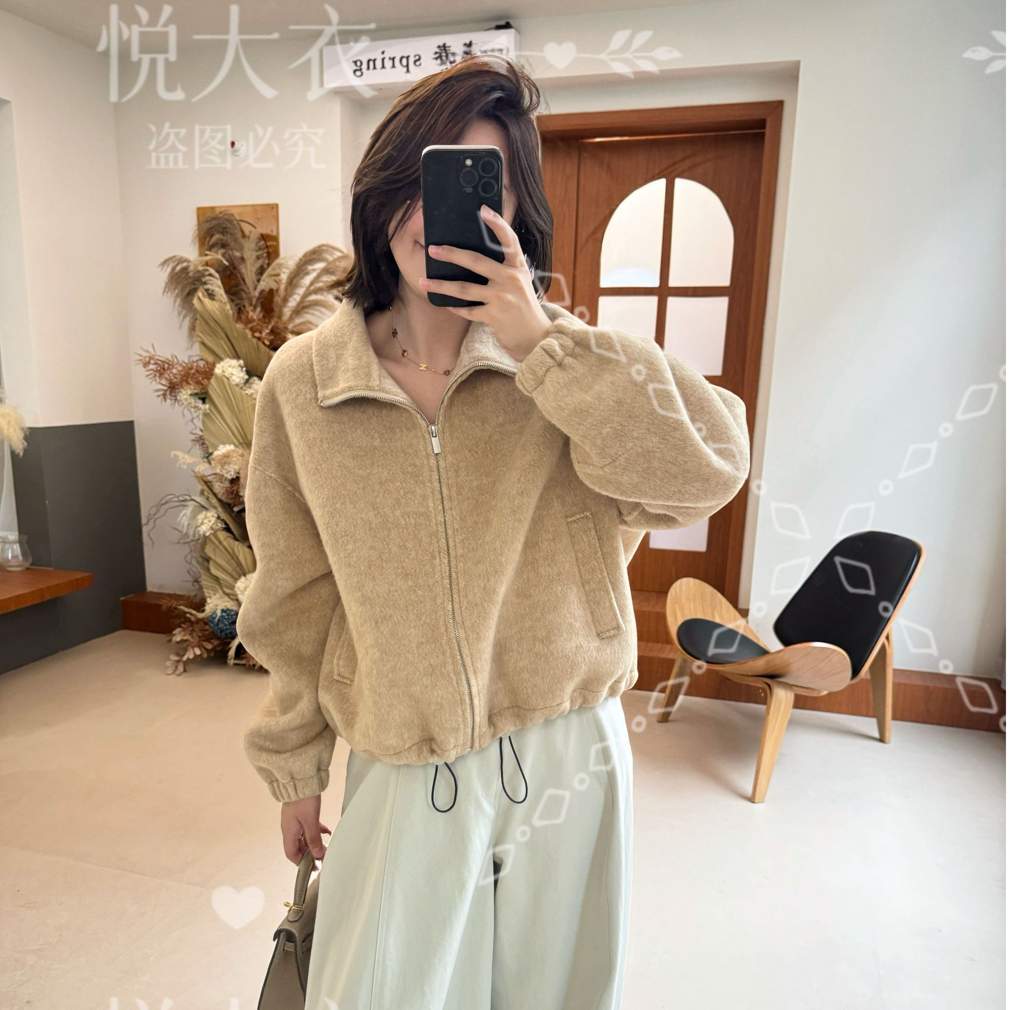 ‘’悦YUE"秋冬立领短款拉链羊毛大衣女纯色时尚休闲宽松