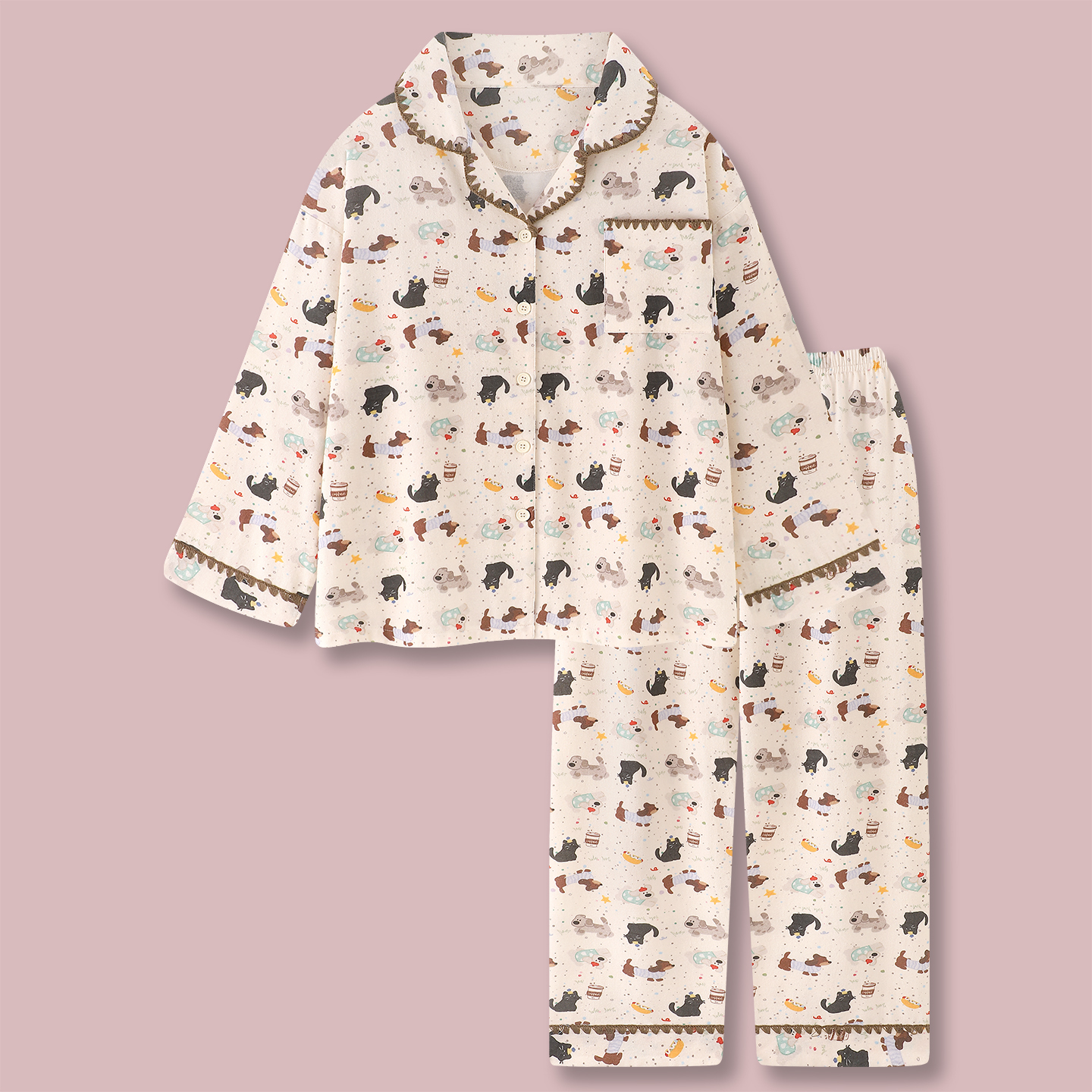 『萌狗小猫』2025睡衣新款卡通长袖纯棉磨毛女春秋季可外穿家居服