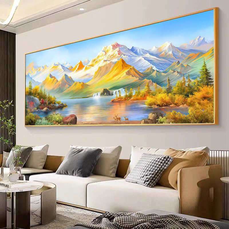 2025新款聚宝盆山水画客厅西墙靠山图现代背靠金山沙发背景墙挂画