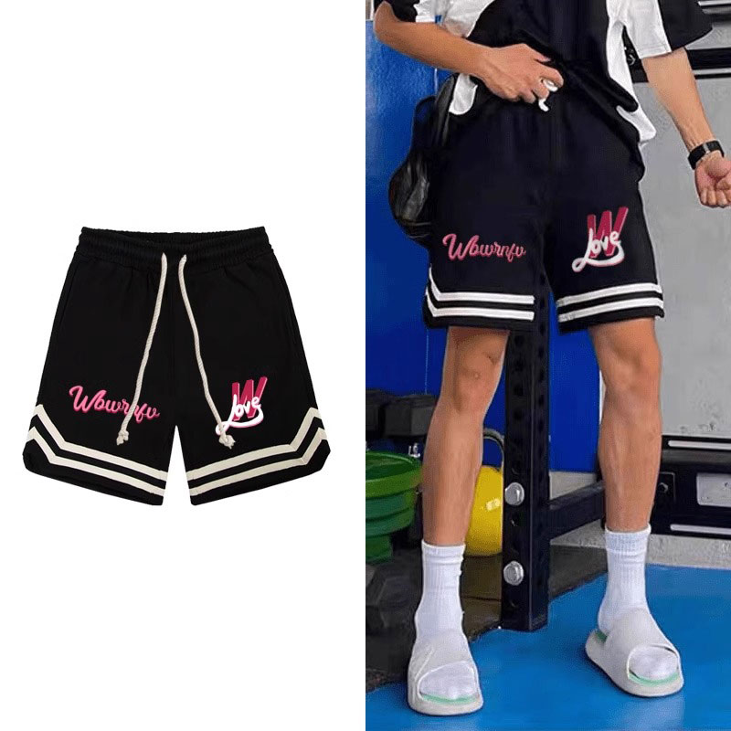 夏季美式潮牌三条杠印花潮牌休闲宽松短裤男款篮球运动五分裤子潮