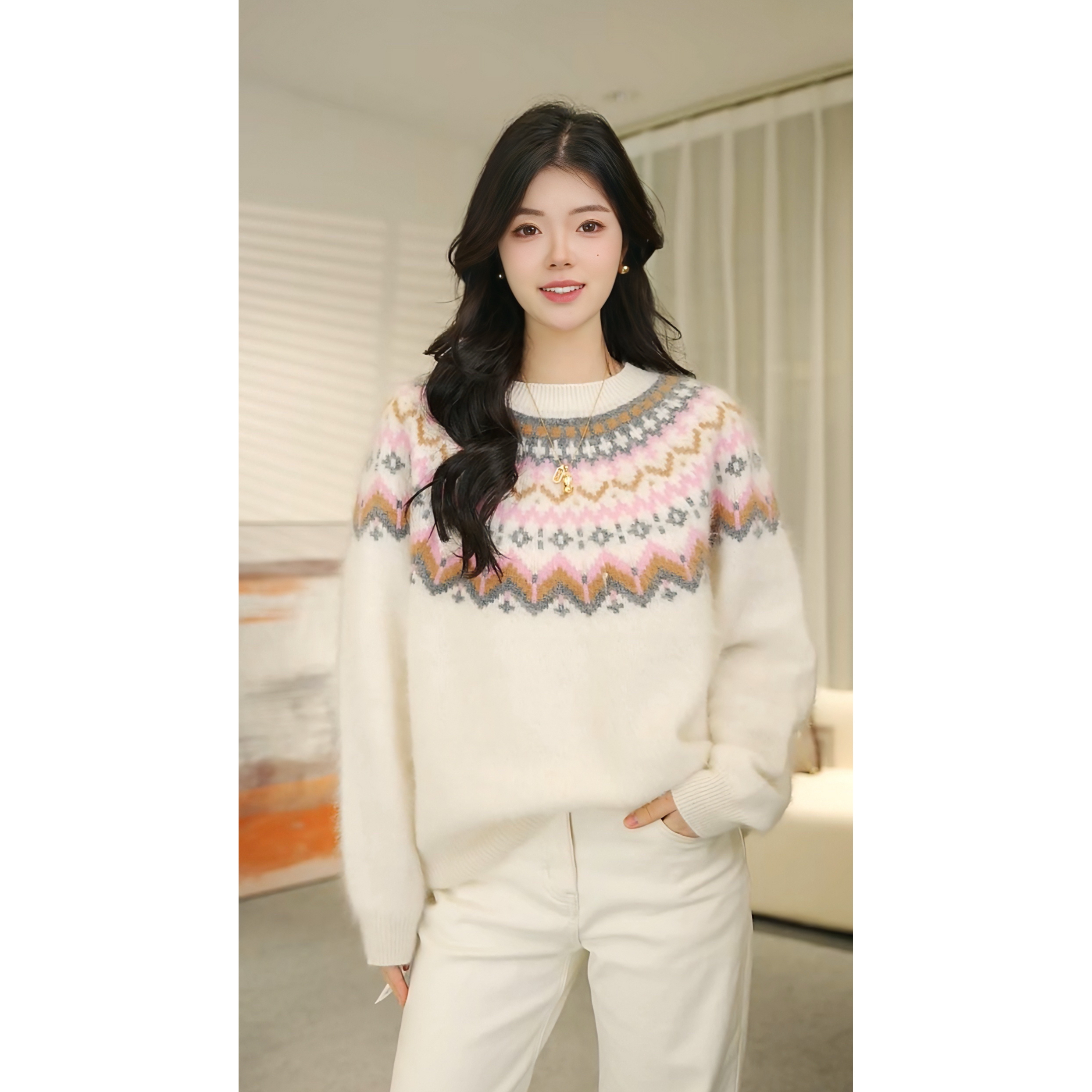 【亦菲me】圆领针织常规款羊绒衫加厚费尔岛套头衫HD328