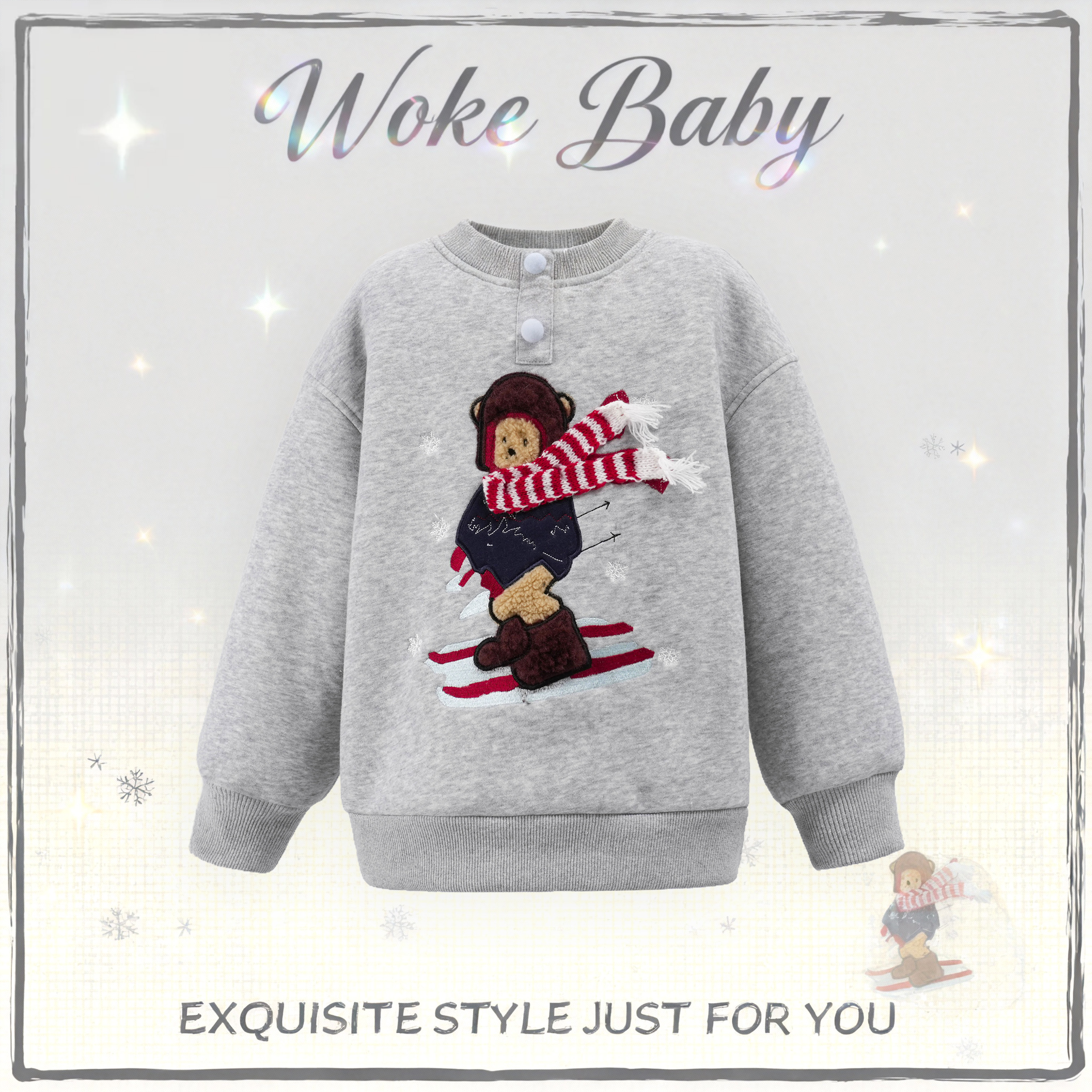 男女童加绒滑雪小熊圆领卫衣秋冬款2025冬装加厚上衣汉服FA5155