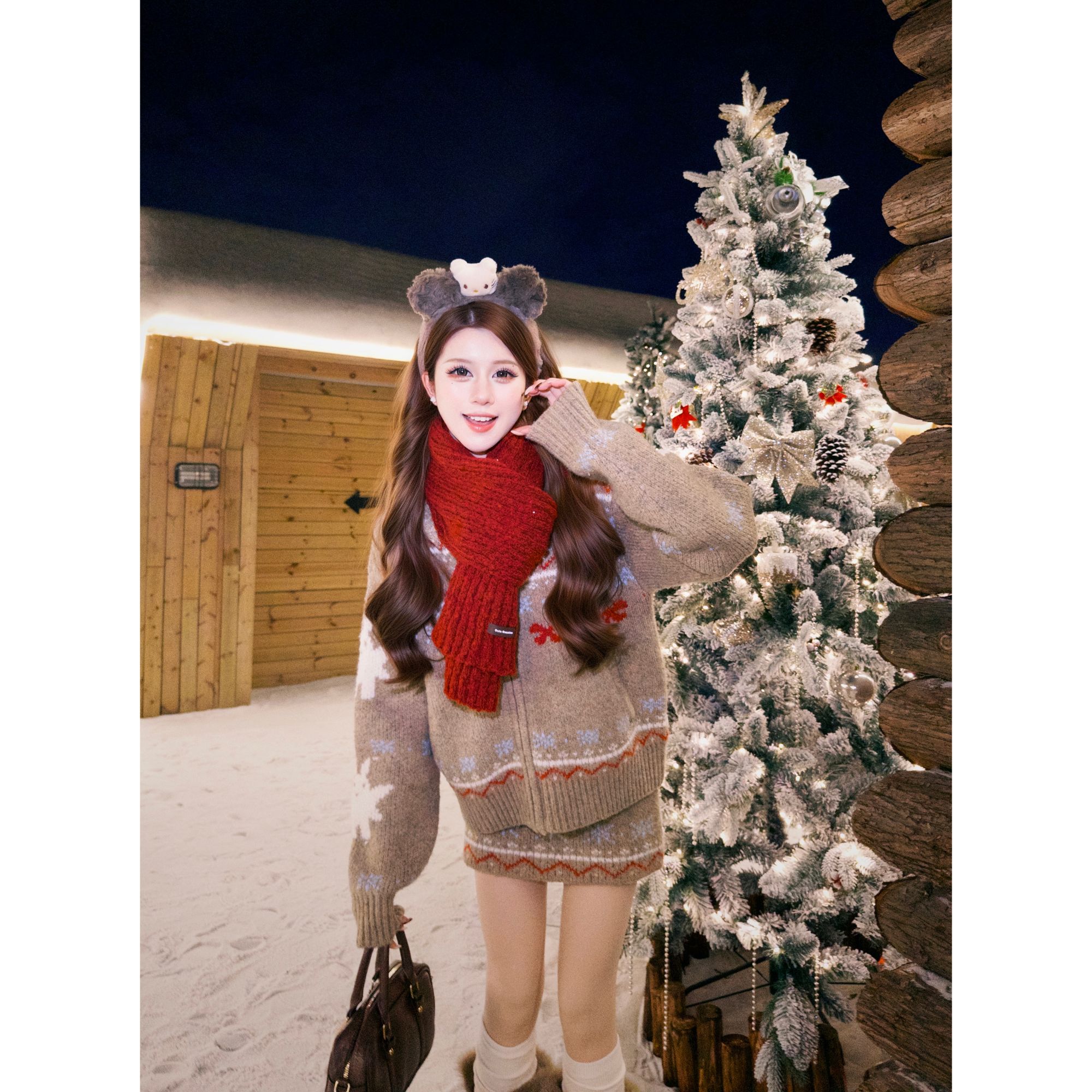 【姜饼雪屋】圣诞新年氛围感棕色费尔岛冬季时尚保暖毛衣套装两件套