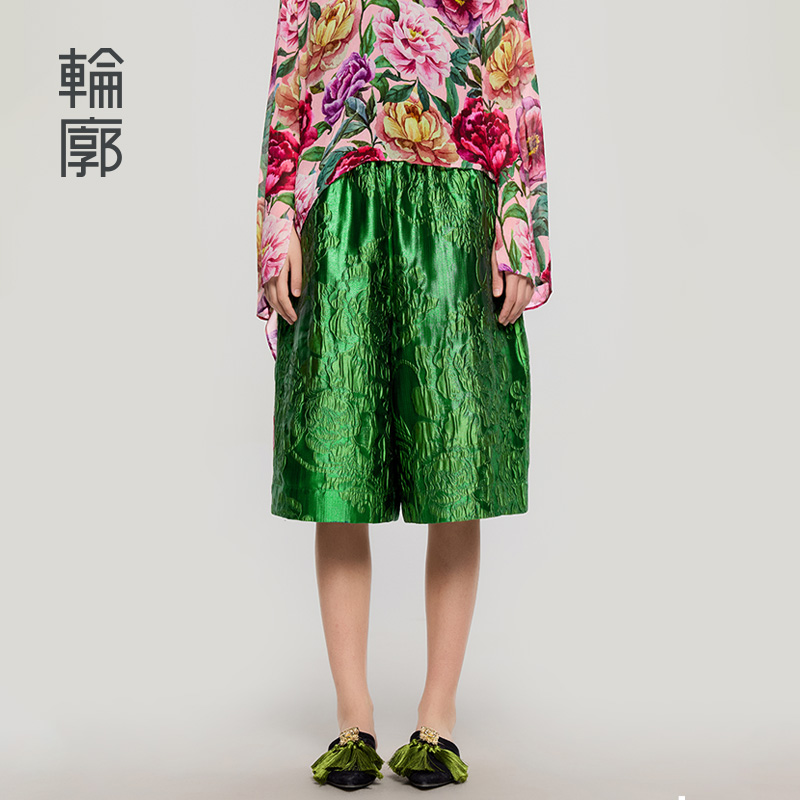 轮廓篱落L252K001六分提花休闲裤中式复古宽松直筒百搭阔腿裤绿