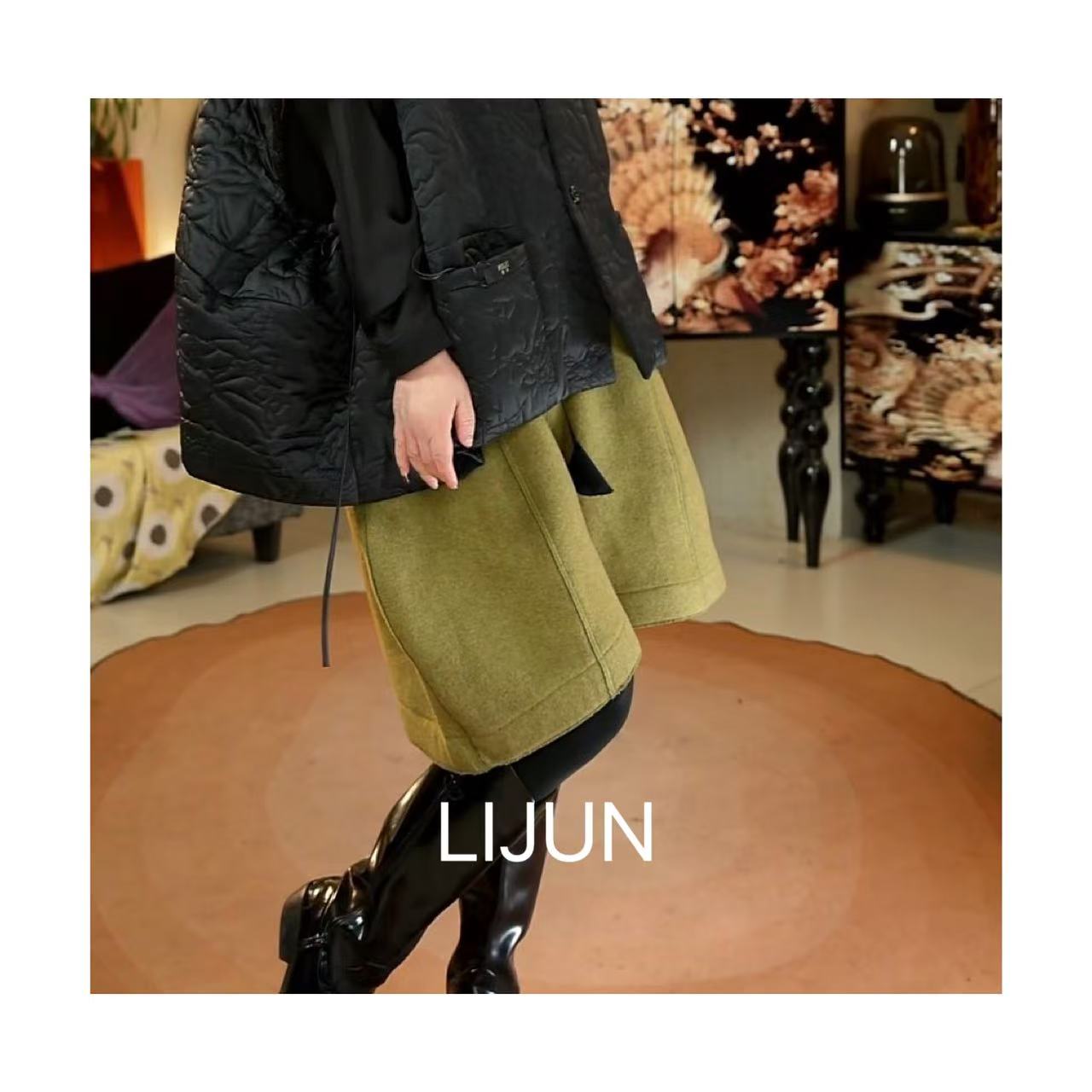 篱君2075-1秋冬新款秋香绿色裤子花苞裤简约设计师百搭女士花苞裤