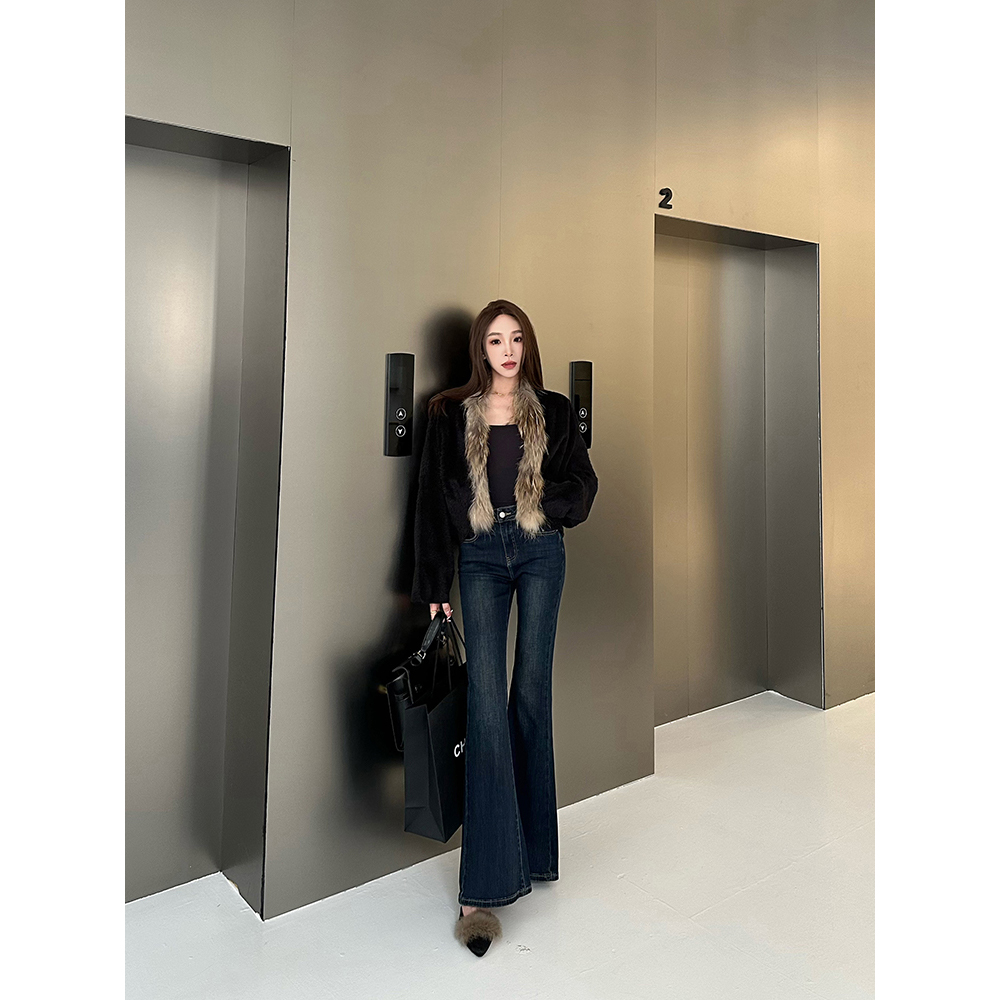 小王家/MeiLi秋冬新款韩版高腰微喇裤百搭喇叭裤女牛仔裤复古深蓝