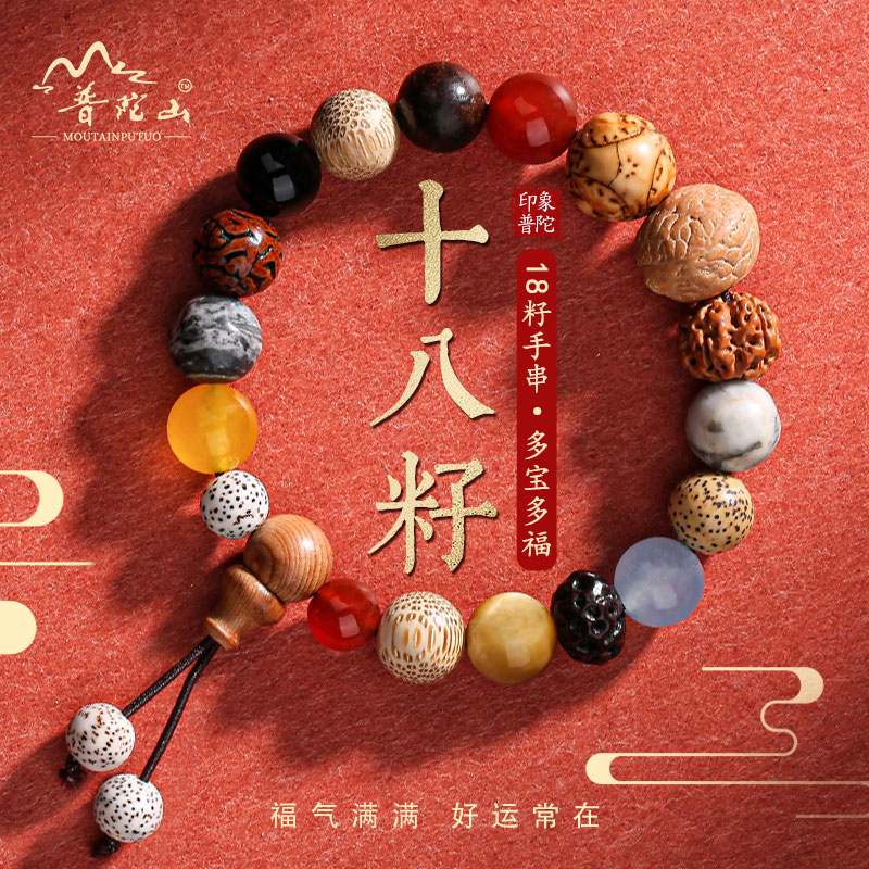 普陀山文创十八籽手串正品女款多宝菩提佛珠文玩手链男生日礼物 