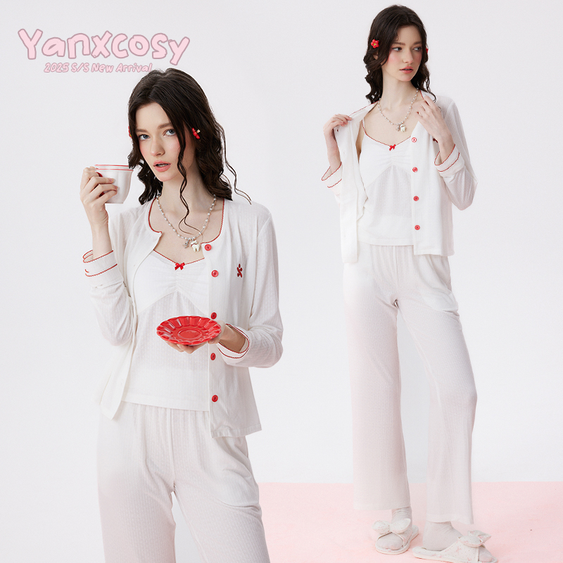 沿享2025春夏新款法式少女公主风睡衣三件套可外穿甜美家居服套装