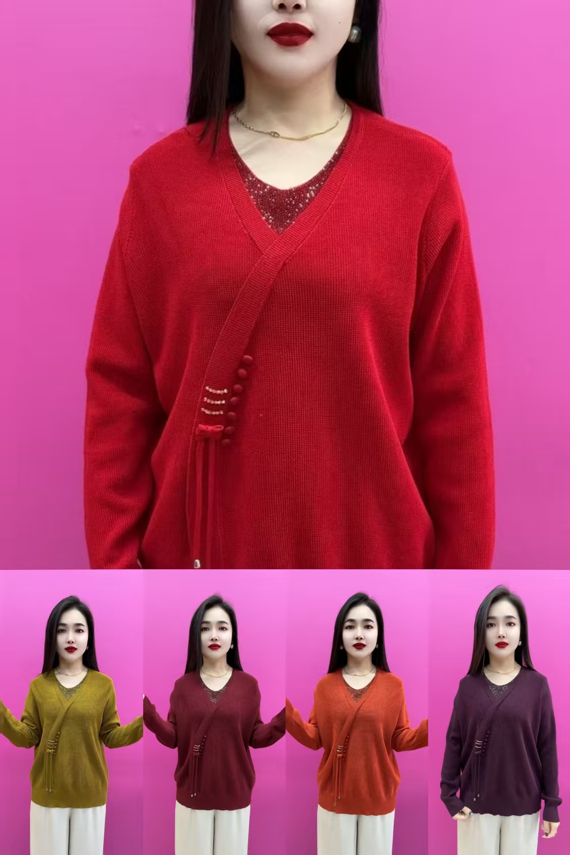 0803斜边V领中老年宽松针织衫