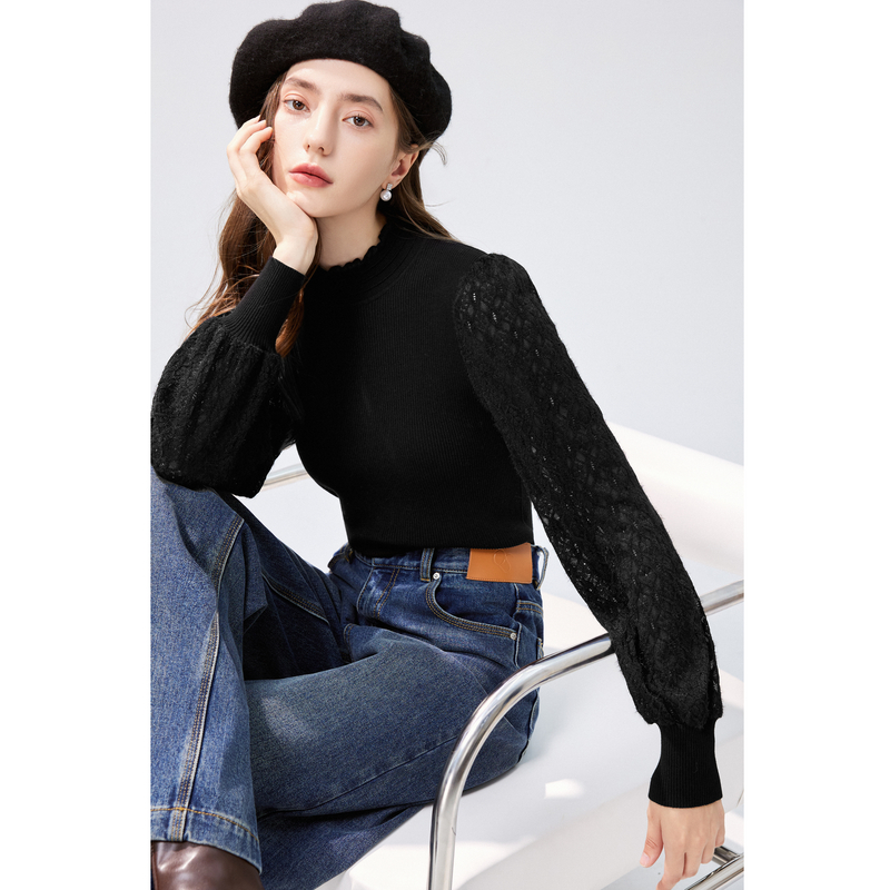 【小余专属】秋水伊人法式优雅蕾丝拼接针织衫2024冬新款女显瘦半