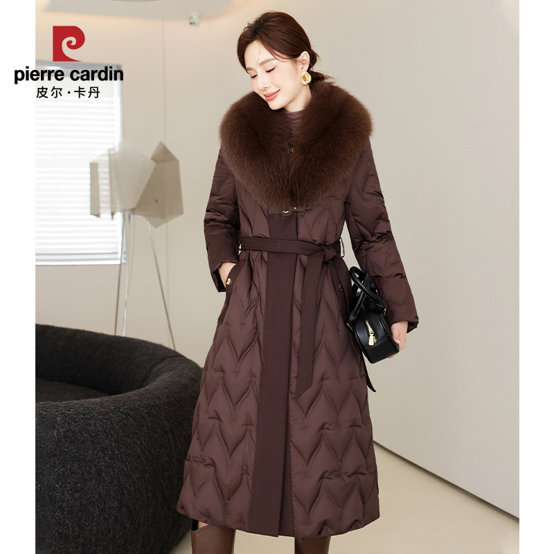皮尔卡丹高端白鹅绒真绒服女中长款2025冬季新款修身洋气狐狸毛领