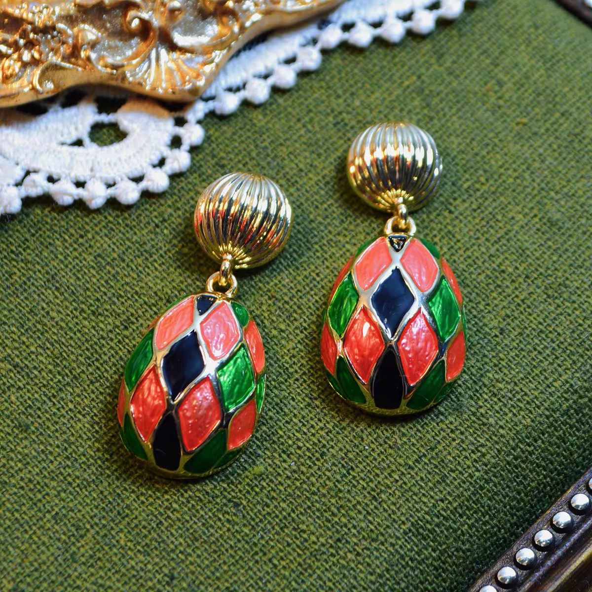 铜合金耳饰 法式浪漫彩色耳钉古风洋气耳饰时尚中古耳环复古耳坠