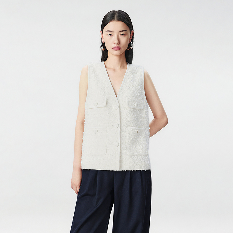 LANCY/朗姿2025冬季新款法式小香风粗花呢V领马甲女白色直筒上衣L