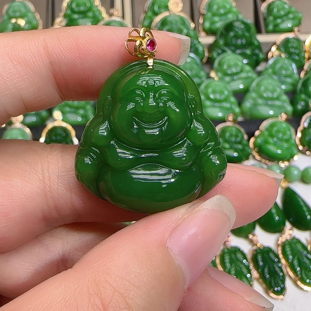 和田玉（碧玉）吊坠(不含链)18K金镶嵌