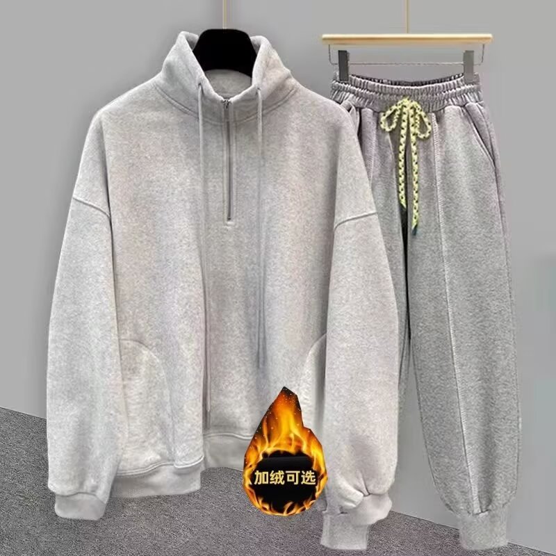 港式潮男半拉链卫衣套装男慵懒运动风休闲宽松ins情侣百搭长袖长