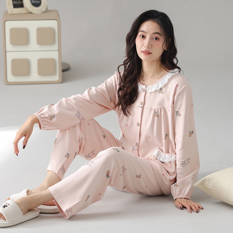 妈妈睡衣空调房薄款纯棉长袖女睡衣夏季中老年全棉无领女睡衣套装