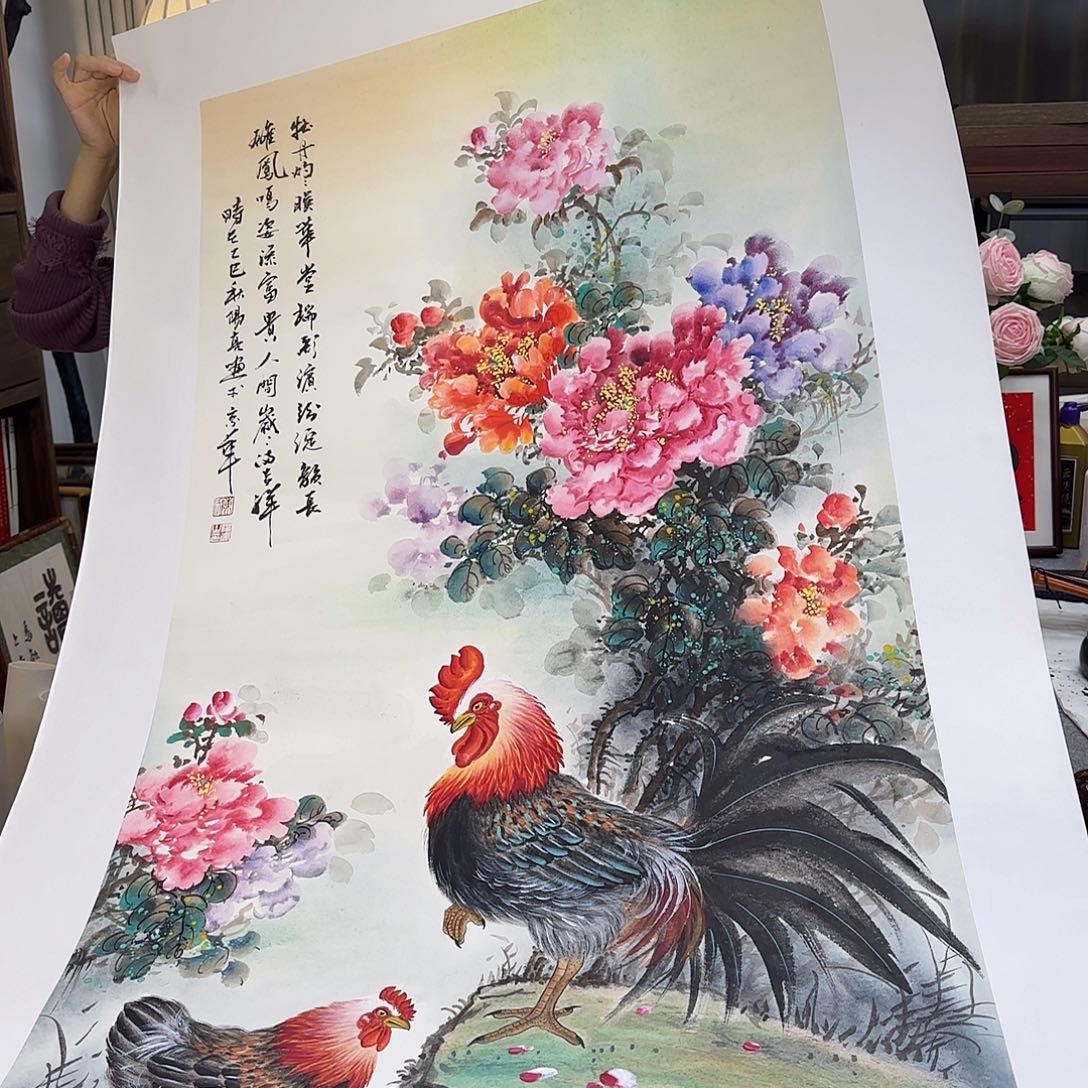 国画伊人阳亮公鸡牡丹
