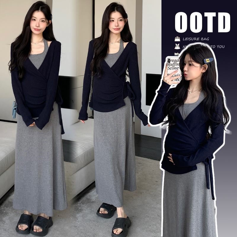 孕妇新款挂脖裙2025早春套装弹力辣妈针织背心裙开衫绑带裙两件套