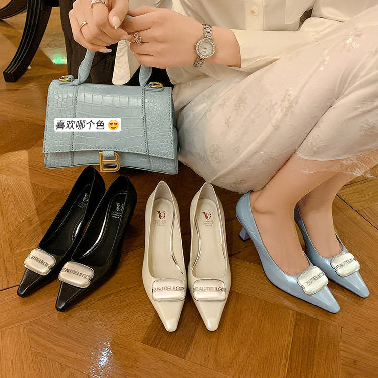 【Timeless】2025春季新款牛皮银扣真皮气质时尚舒适尖头女单鞋-4cm