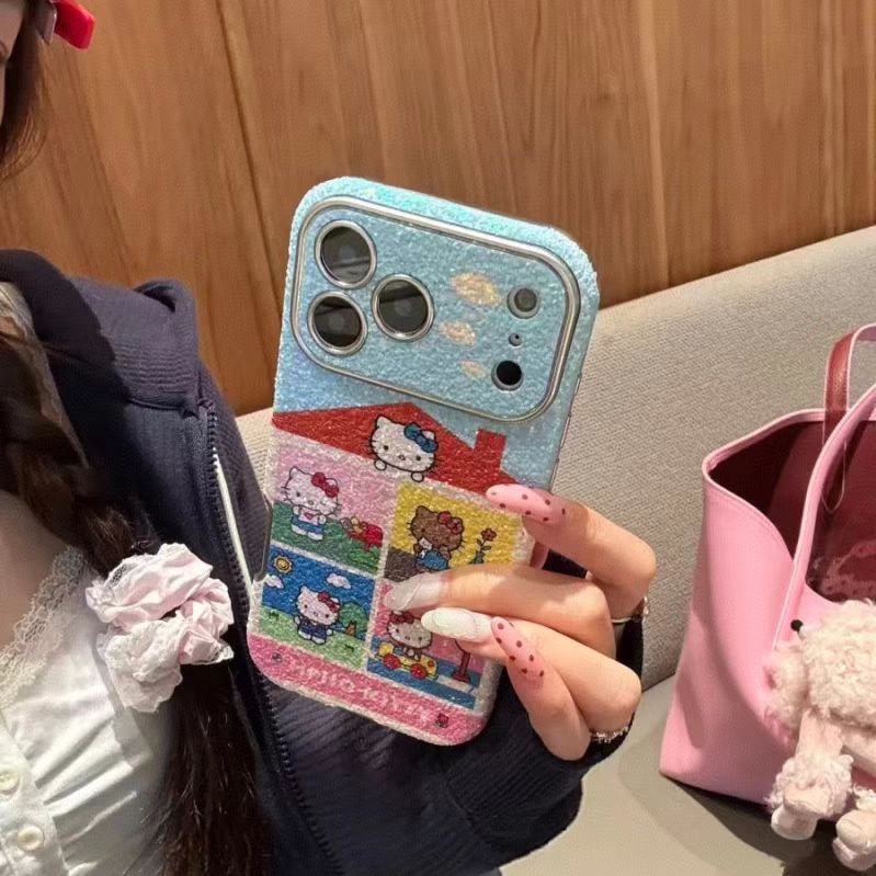 蓝底房屋猫咪绒布壳适用于iPhone17promax手机壳16少女心15可爱14