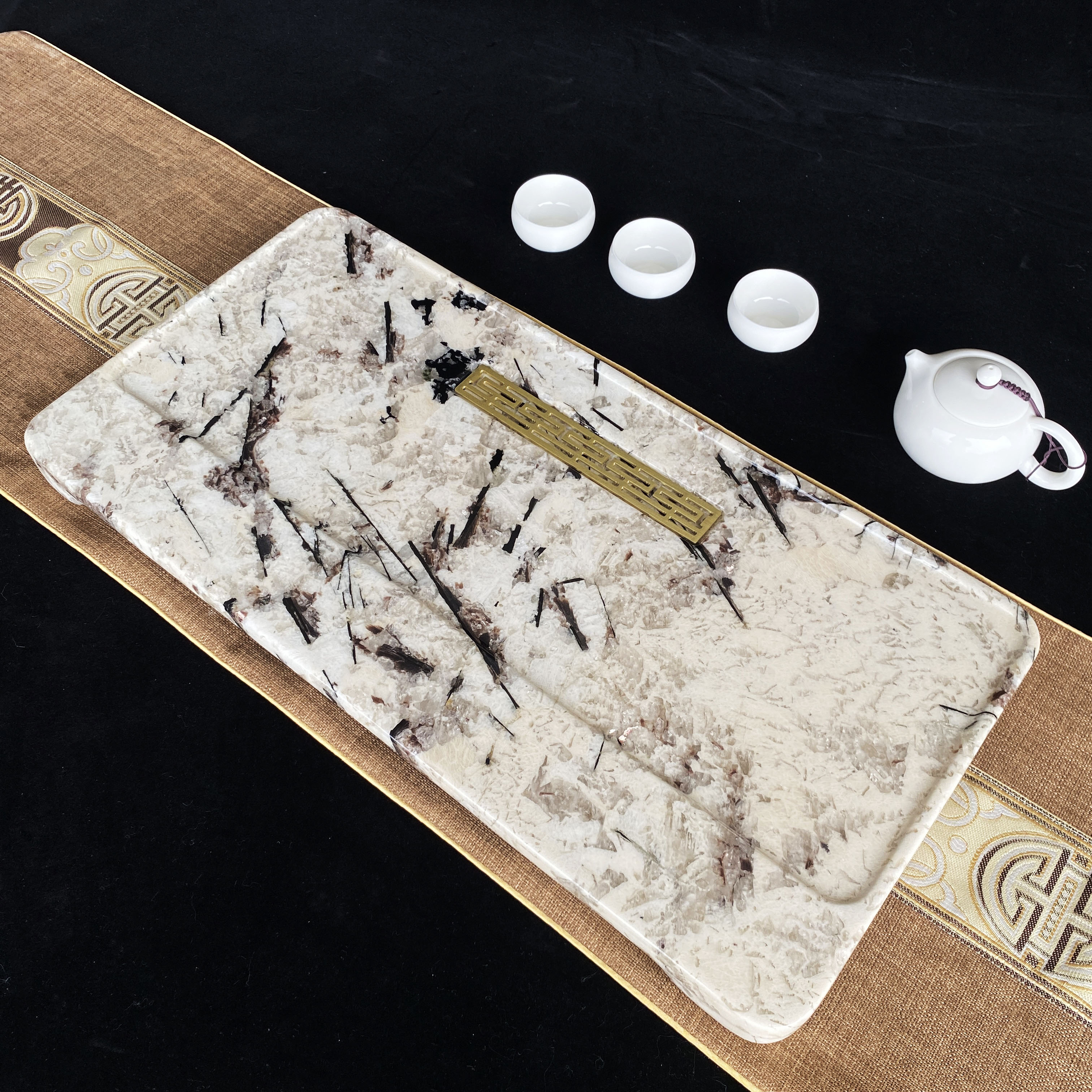 天然奢石湿泡茶盘60*30石材茶具厚3公分六面烤漆保真中式茶托