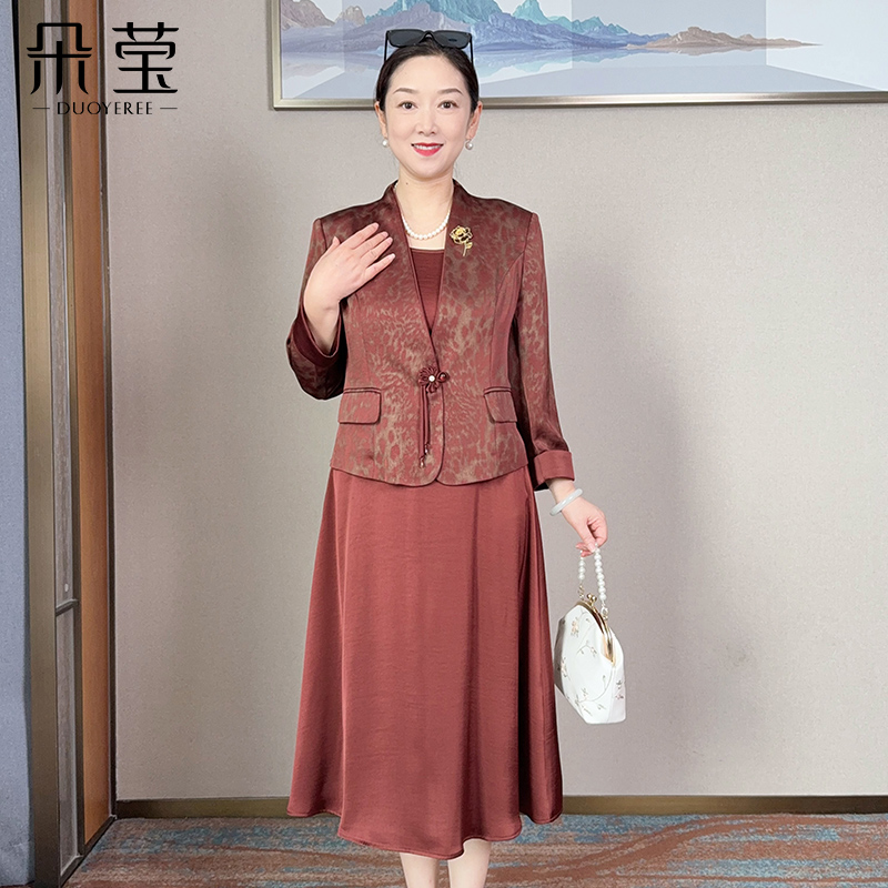 朵莹气质妈妈装连衣裙两件套装外套秋季时尚优雅别致胸针HL25A038