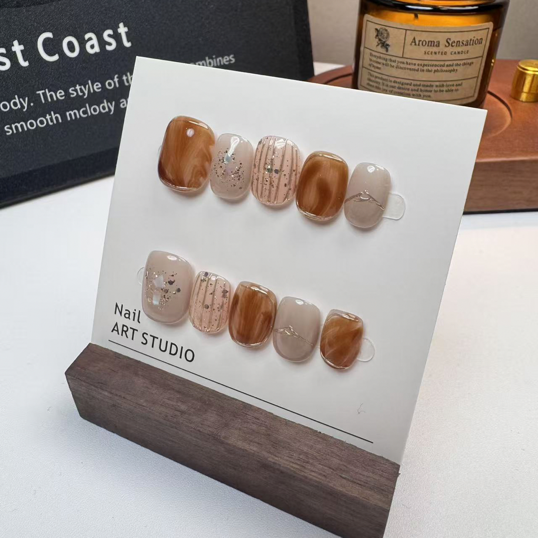 「秋野深林」短款琥珀混搭裸色显白气质纯手工穿戴甲