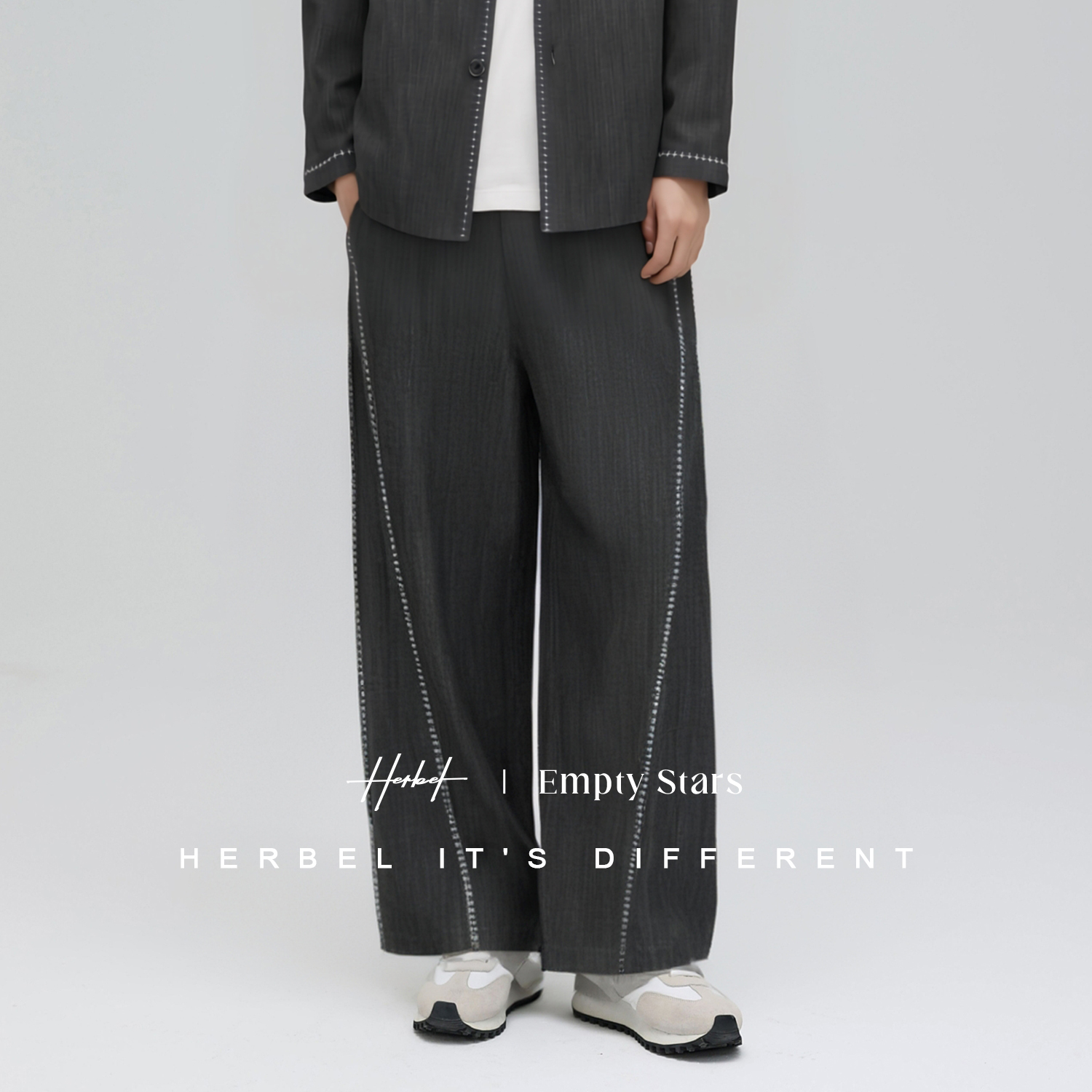 HERBEL/黑白2025秋季新品设计款男士日系风明线宽松直筒西装长裤