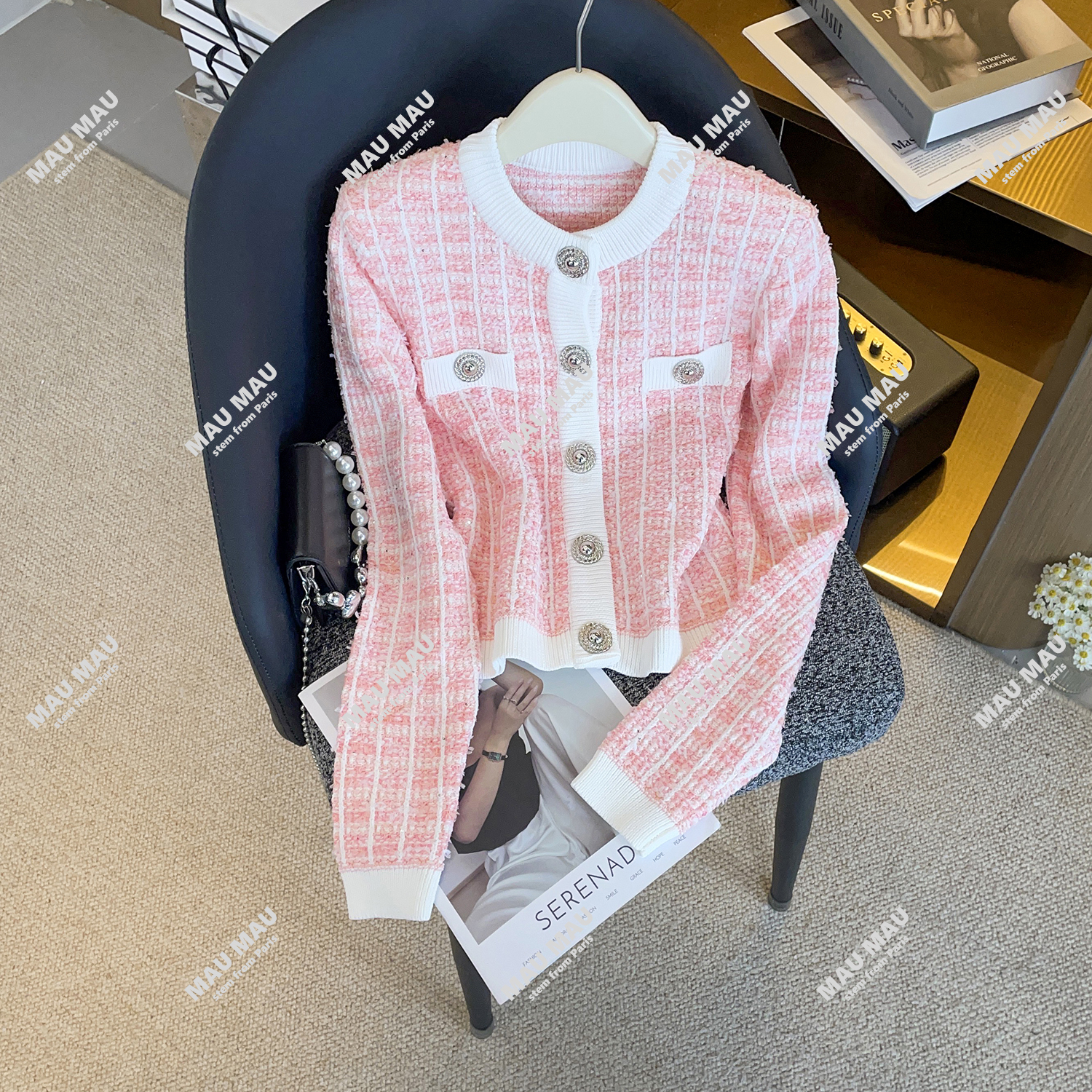 2025秋冬新款名媛风撞色圆领气质时尚减龄百搭短款开衫外套DY9248