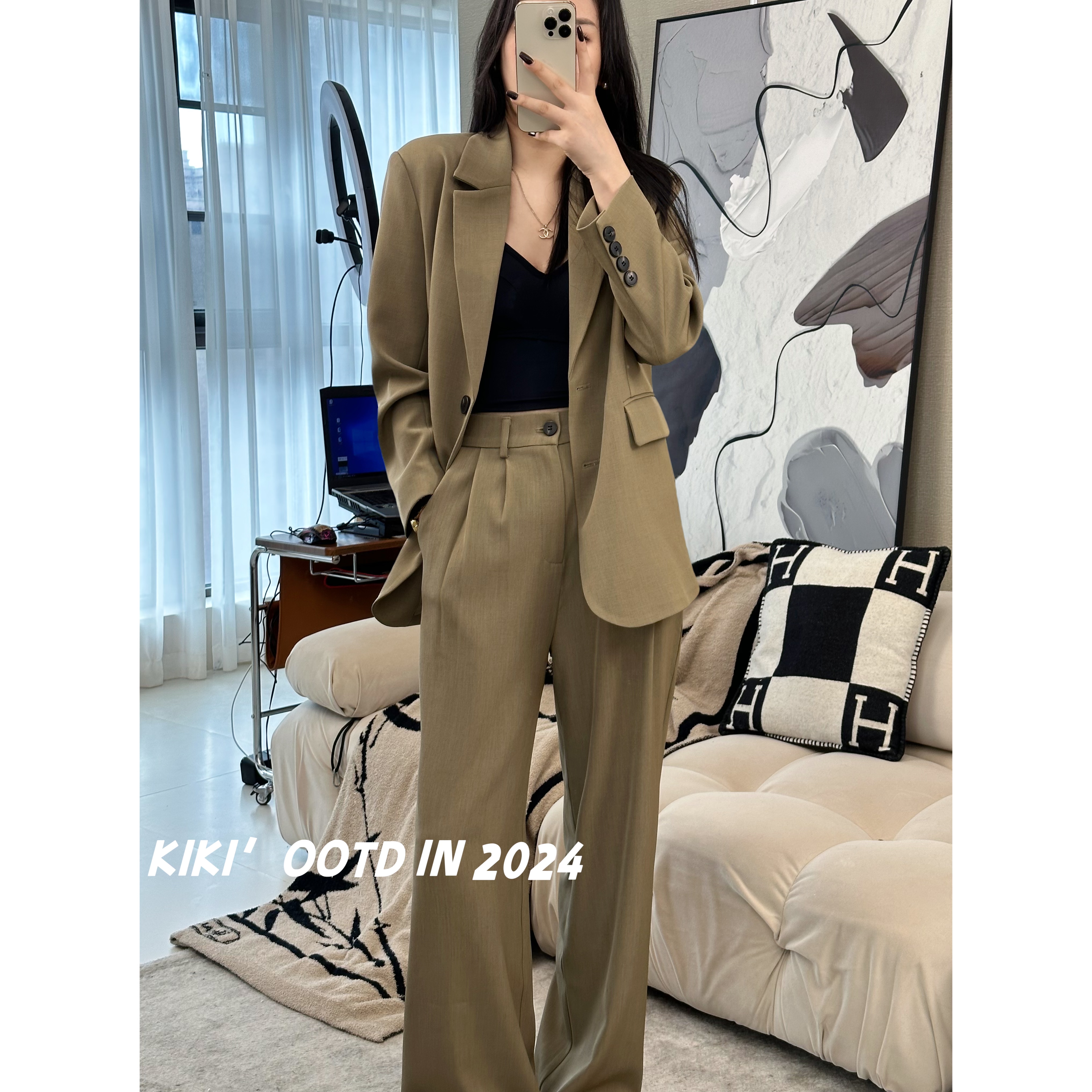 2025年春季潮流宽松小西装外套女百搭设计师韩版直筒长裤西服裤子