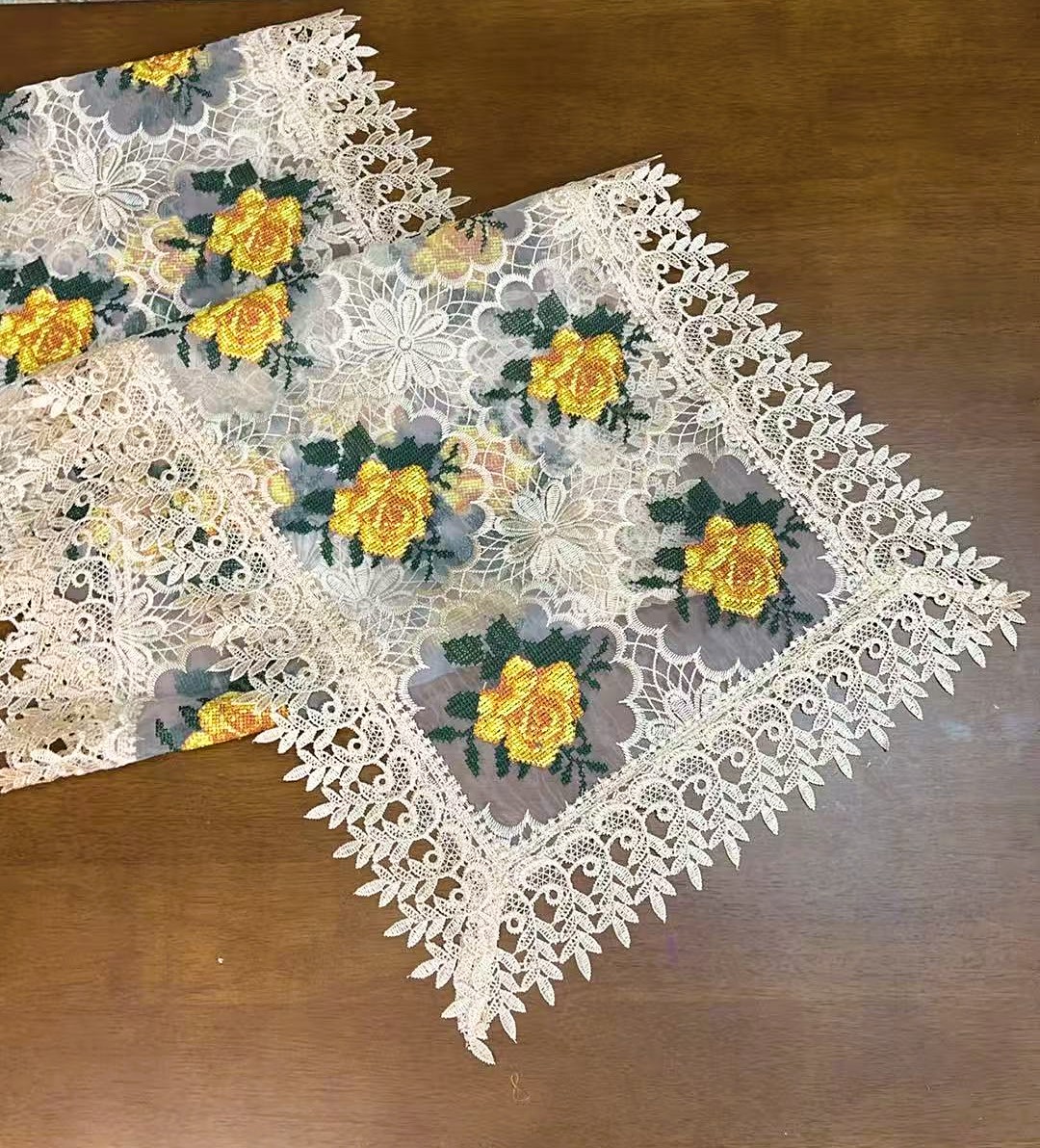 Y57 咖黄花十字绣 (40X200cm桌旗）电视柜，五斗橱五斗柜，茶几巾