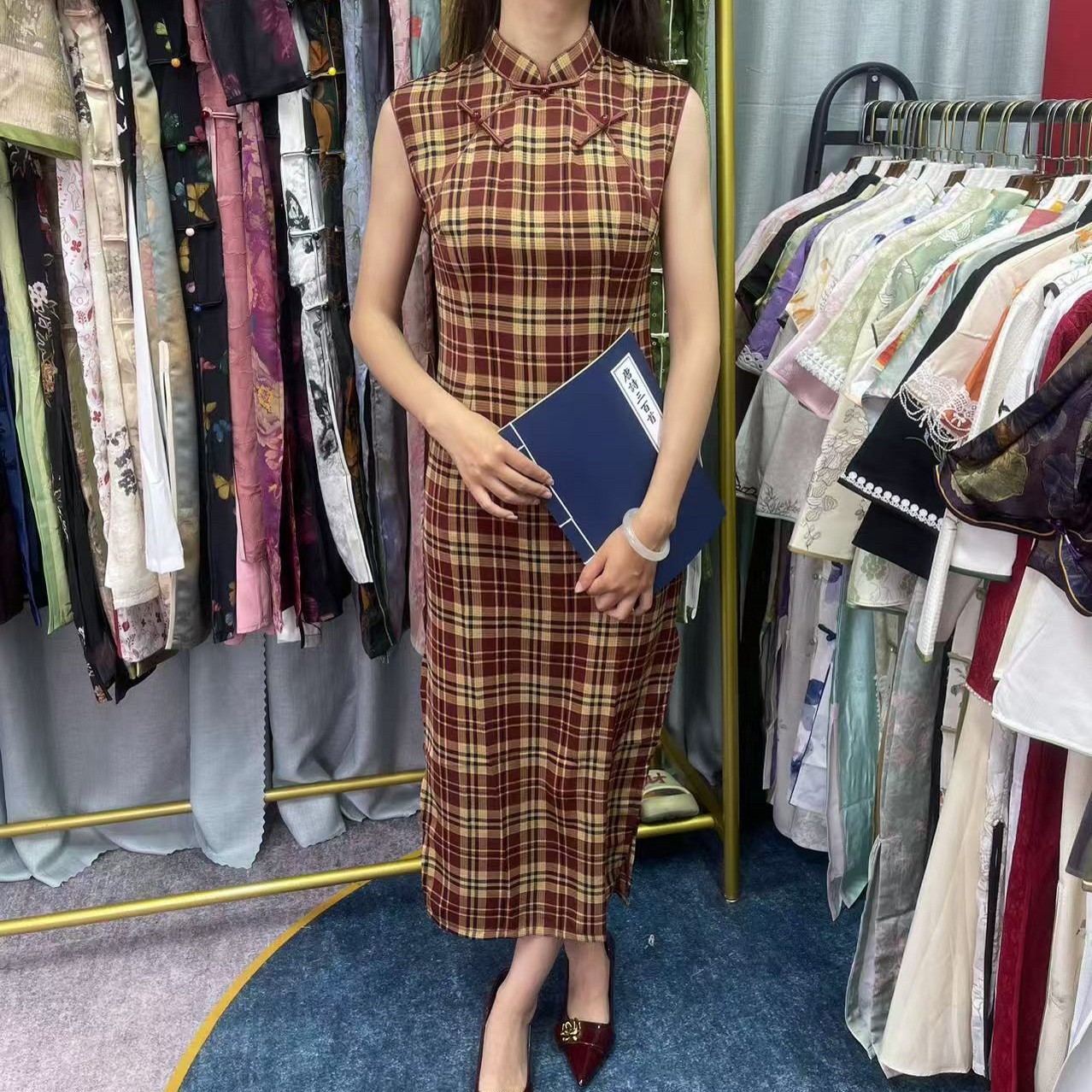 恬子梦 T814 夏季新款  书瑶 裙长120 无袖格子旗袍