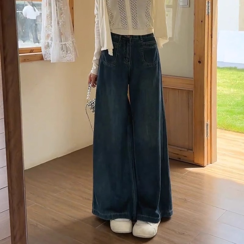 复古蓝牛仔裤女胖妹妹mm梨形身材高腰显瘦百搭春秋宽松阔腿牛仔裤