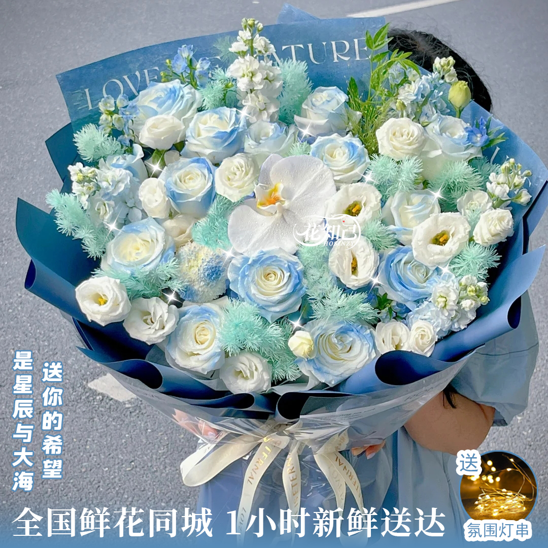 男士花礼【青花瓷❤星辰与大海】13枝碎冰蓝玫瑰1朵蝴蝶兰混搭送男友鲜花小时达同城速配花束鲜花