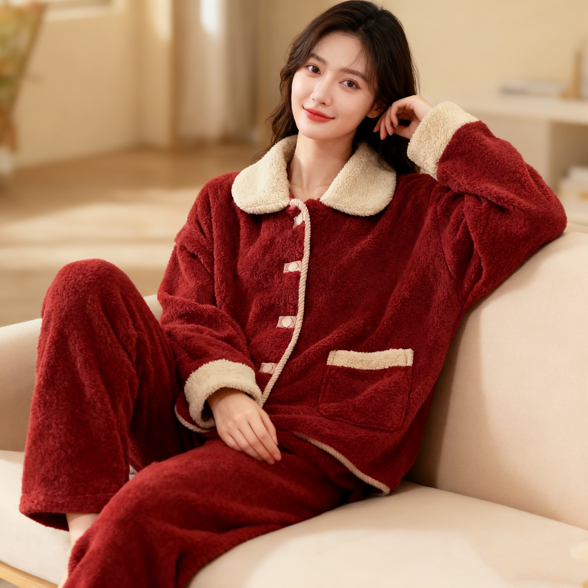 2025新款冬季加绒加厚本命年红色睡衣女北极绒套装保暖翻领家居服