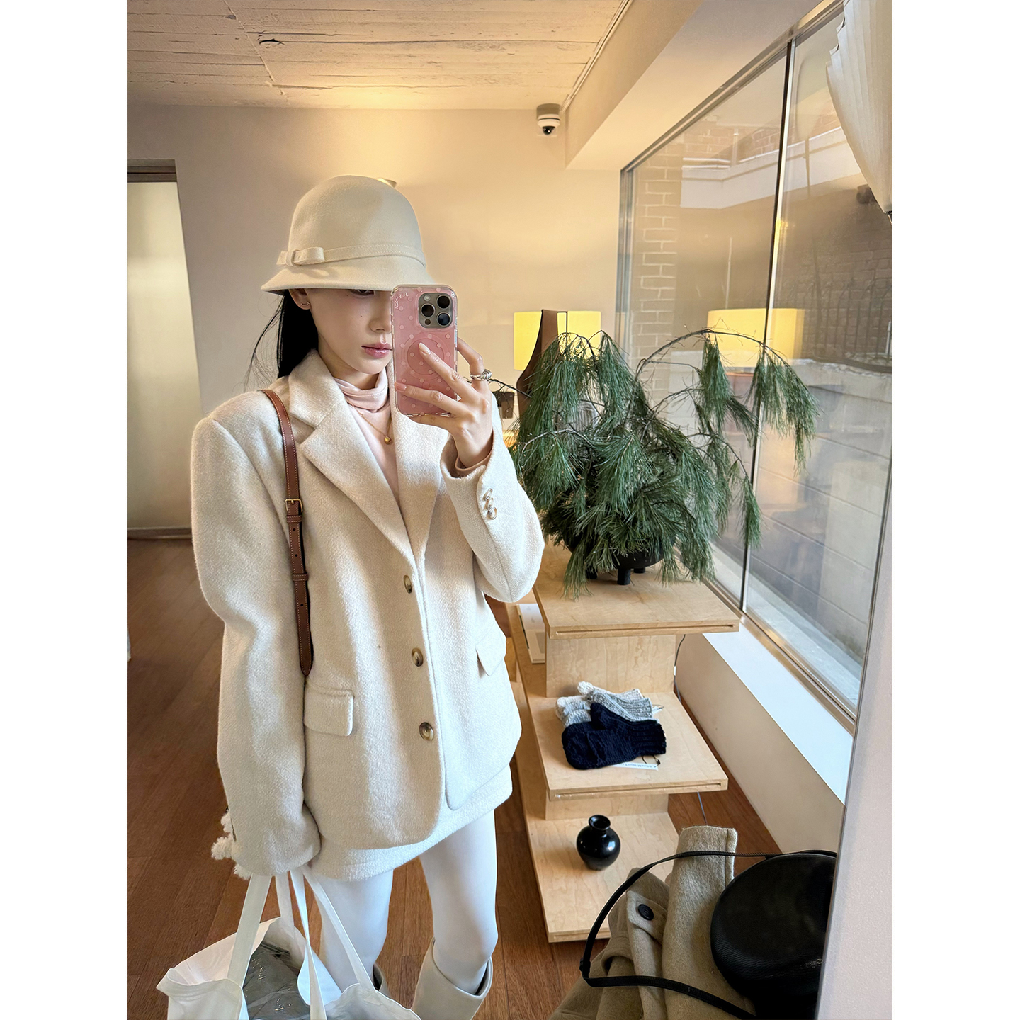 70不是七十【午后曳航】早春韩系垫肩夹棉毛呢西装外套A字半裙套装