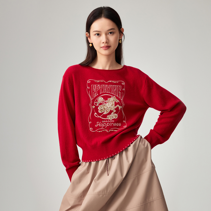 EP雅莹「骏」系列2026新款女装 绵羊毛刺绣针织衫红色毛衣9581A